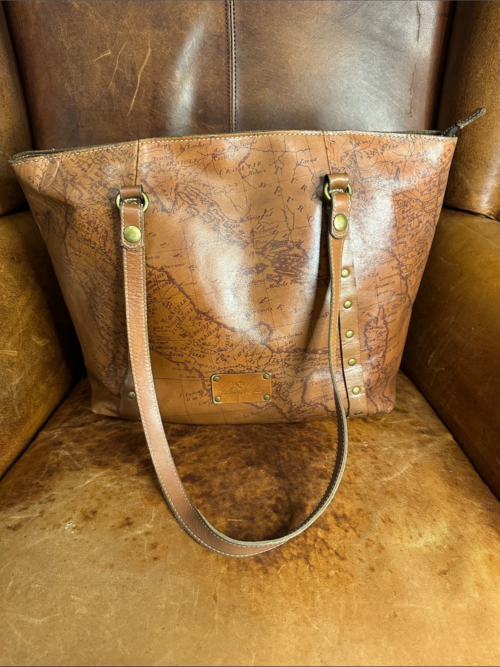 Patricia Nash Benvenuto Italian Map-Print Brown Leather Zip Top Tote
